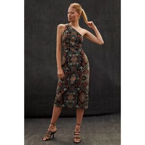 Anthropologie One Shoulder Jacquard Midi Dress Sz MP NEW Black Golden Yellow